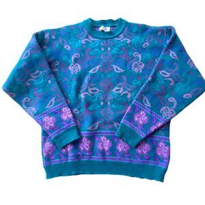 Vintage Verbier Wool Blend Sweater / 80's Style Floral Print Knitwear